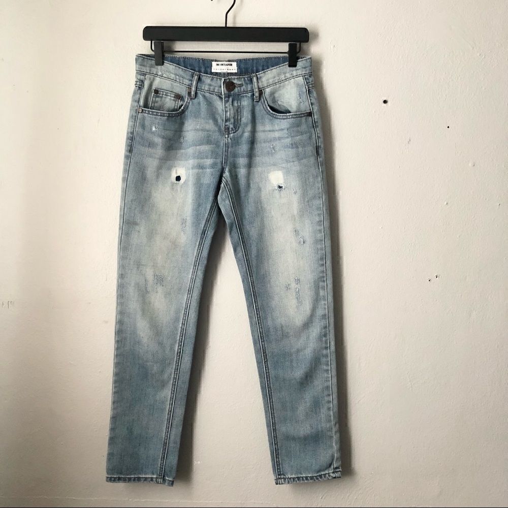 One teaspoon  medium blue wash denim jeans relaxed leg distressed jeans